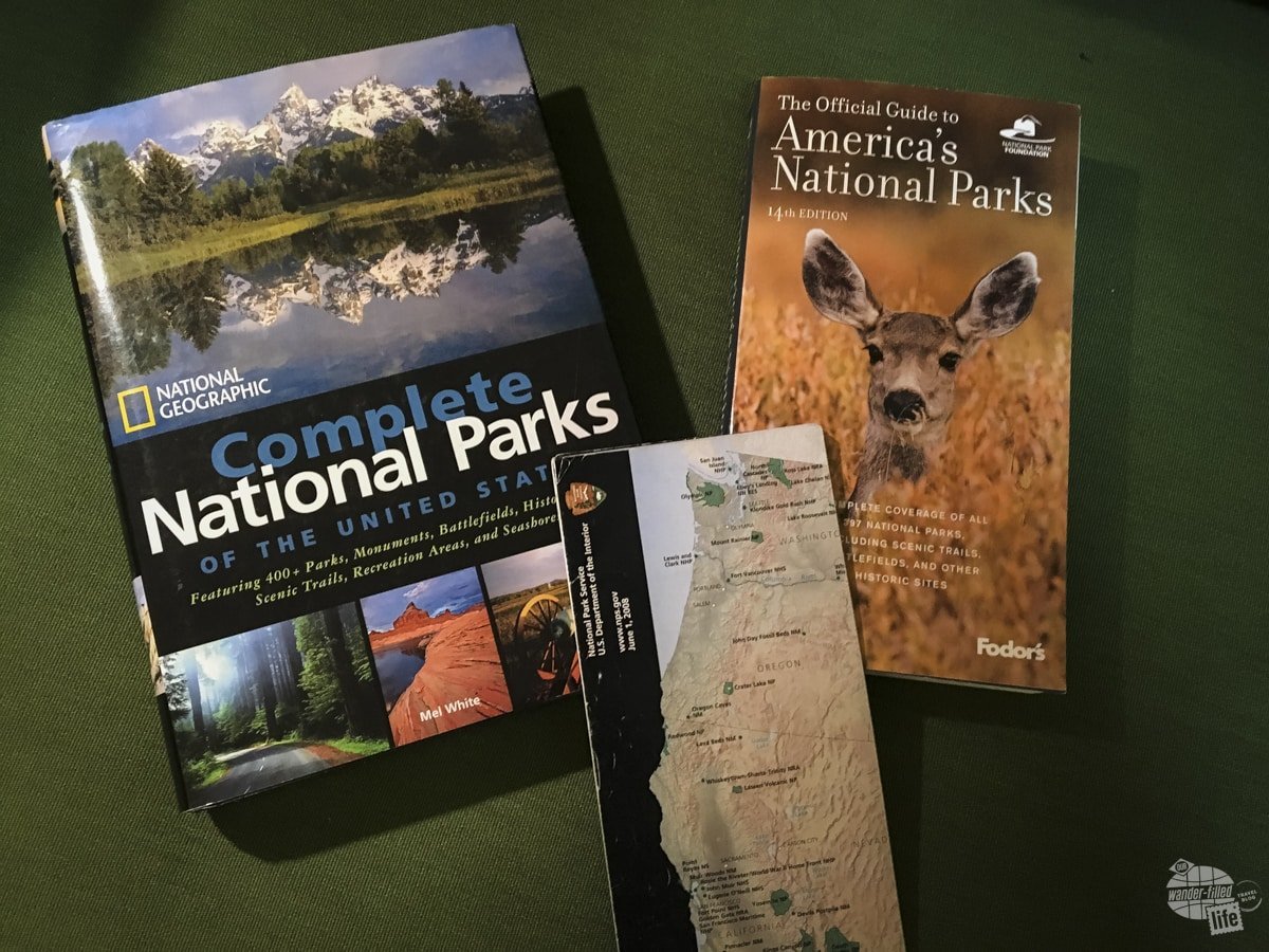 National parks books and maps help us plan our road trip.