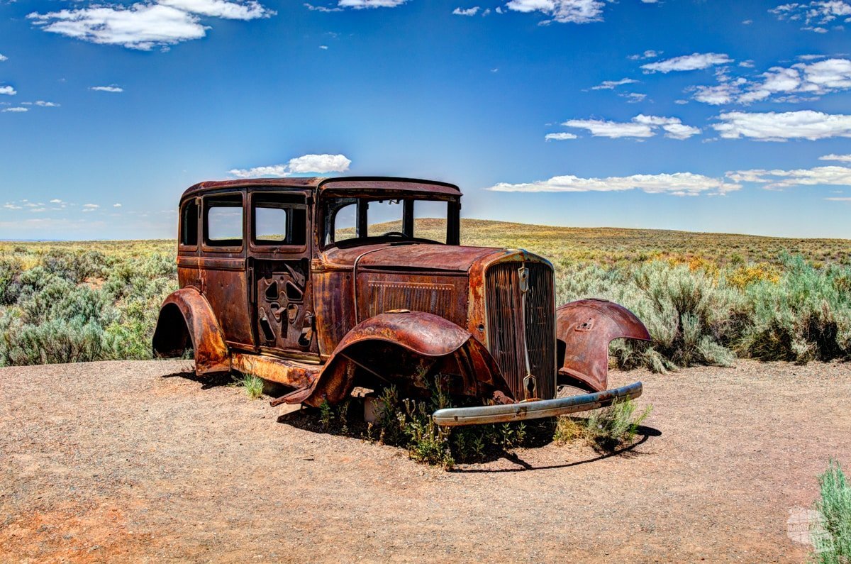 This 1932 Studebaker sits where Route 66 used to cut through Petrified Forest National Park.