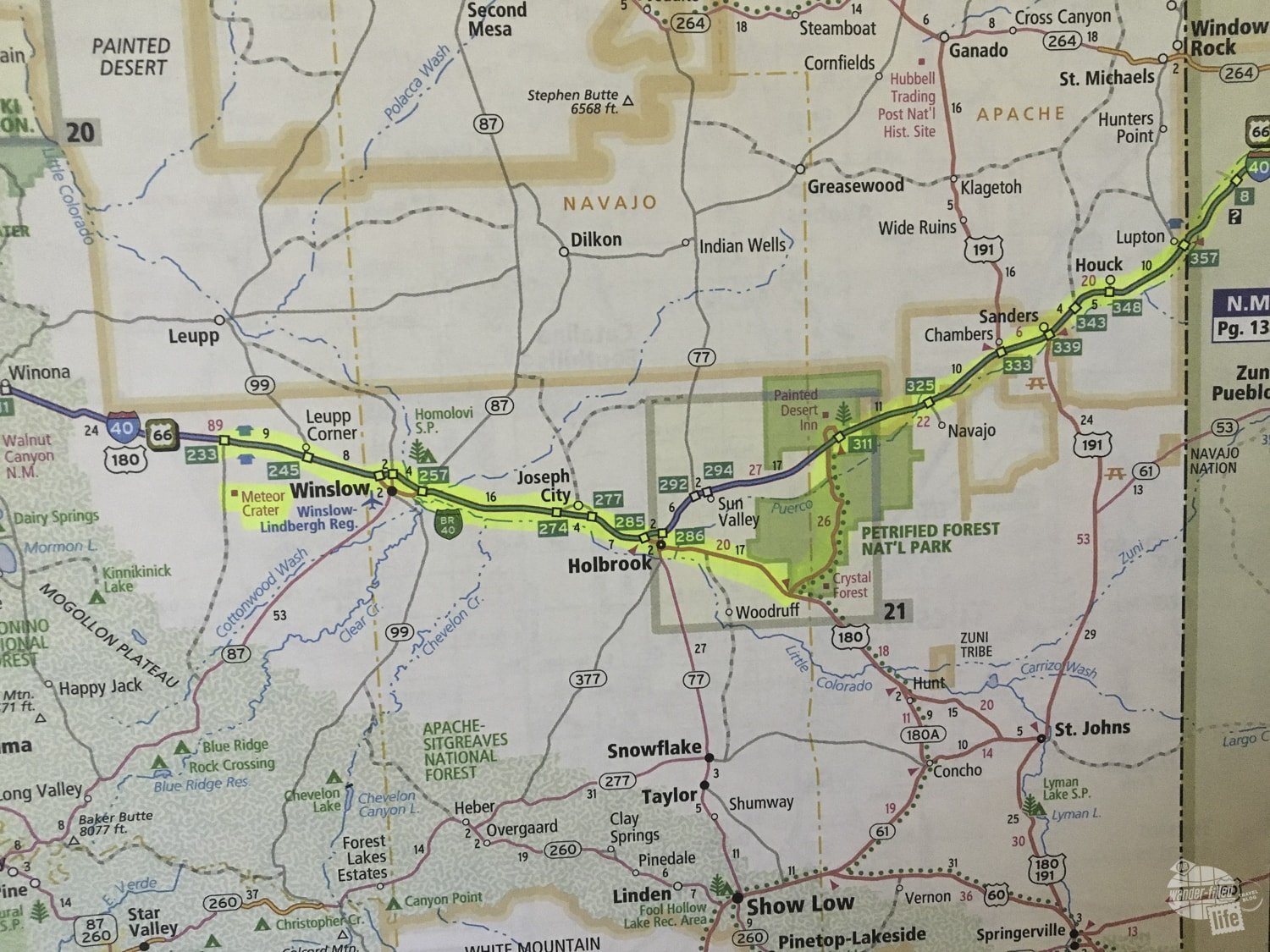 Map of our route in northern Arizona following part of old Route 66.