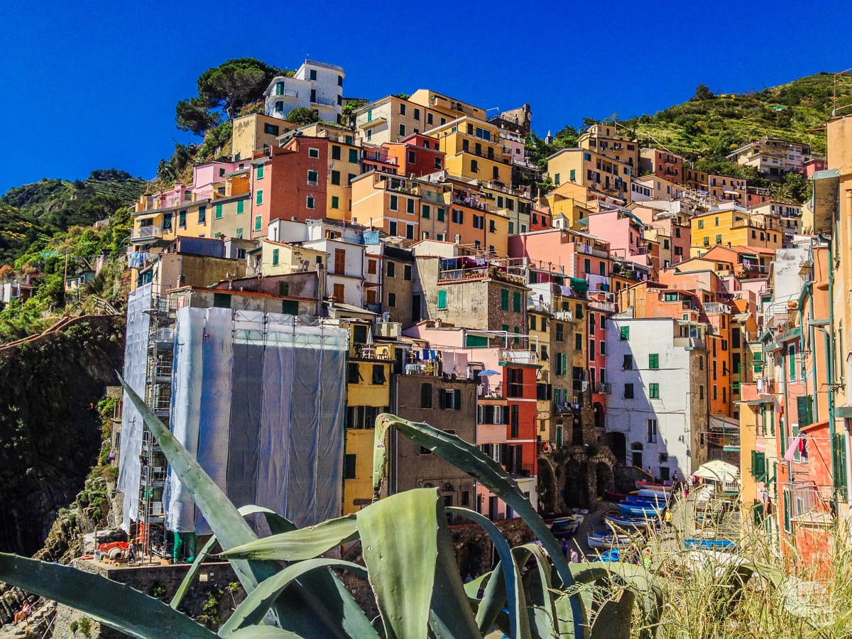 Vibrantly colored houses cover the hillside of Riomaggiore in the Cinque Terre.