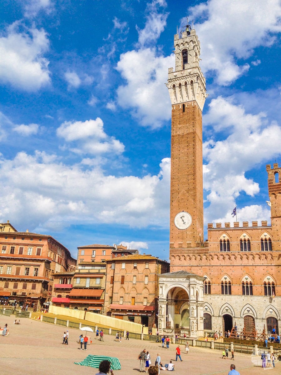 The bell tower in the Campo, or main square, of Siena. 