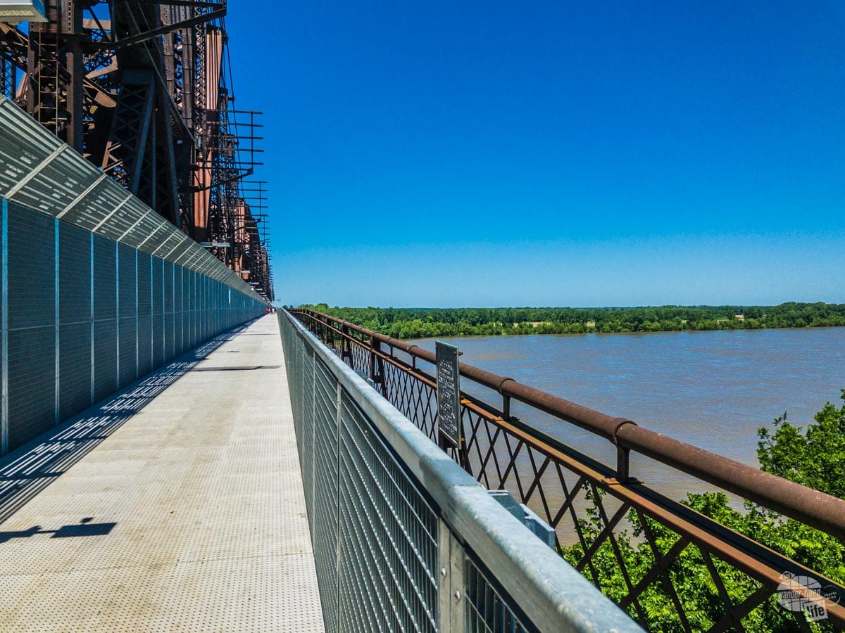 The Big River Bridge allows pedestrians to cross the Mississippi River with great views of Memphis and a park on the other side in Arkansas.