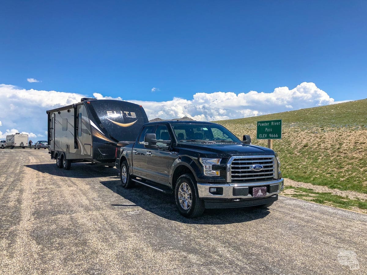 Pulling our camper over Powder River Pass in Wyoming