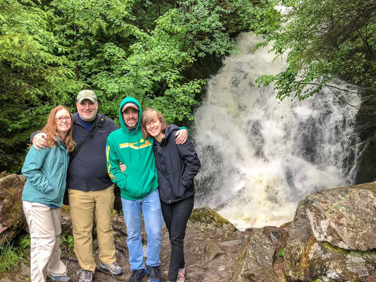 Bonnie and I, plus my sister and brother-in-law at a waterfall in Ketchikan.