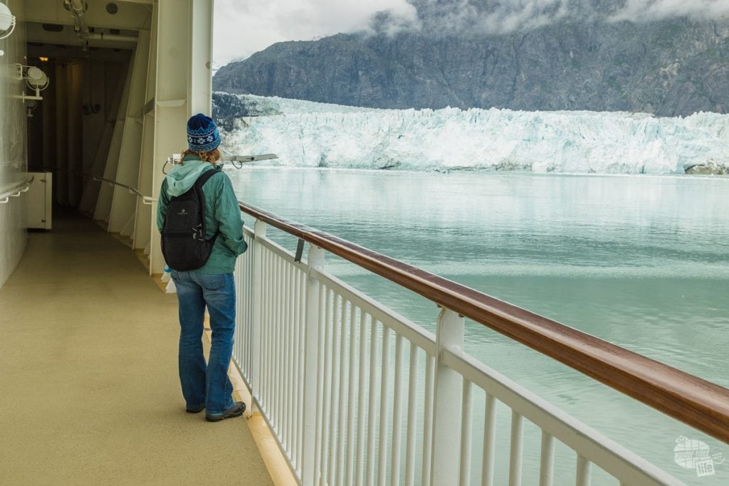 Bonnie looking at the Marjorie Glacier in Glacier Bay National Park. Some itineraries skip the park, but we think it is one of the best parts of the cruise.