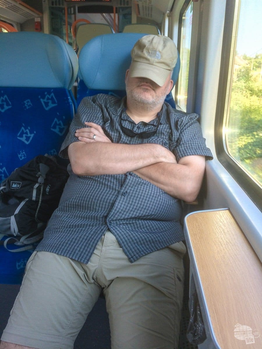 Grant taking a nap on the train back to Krakow.