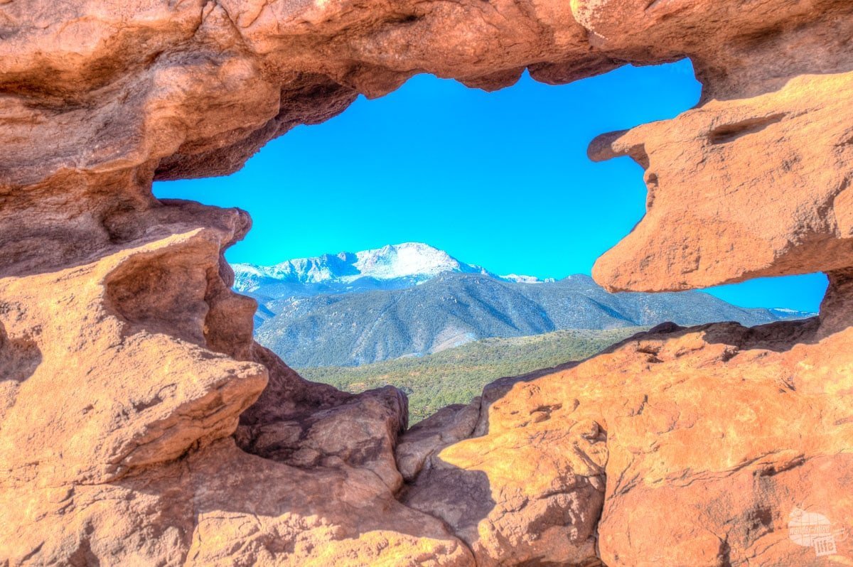 Pikes Peak through the window in the Siamese Twins