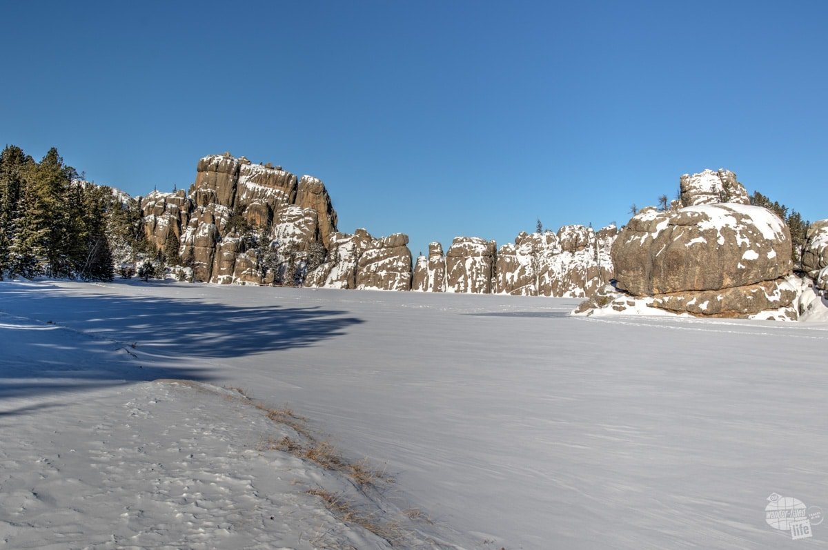 A snow-covered Sylvan Lake in Custer State Park