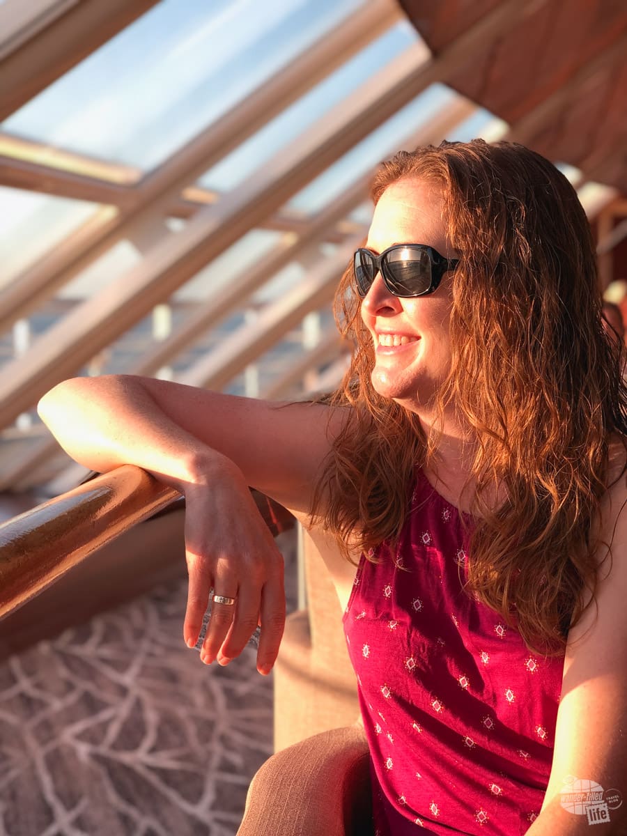 Bonnie in the Spinnaker Lounger aboard the Norwegian Sky at sunset. Portrait mode on the iPhone X makes for some great images. 