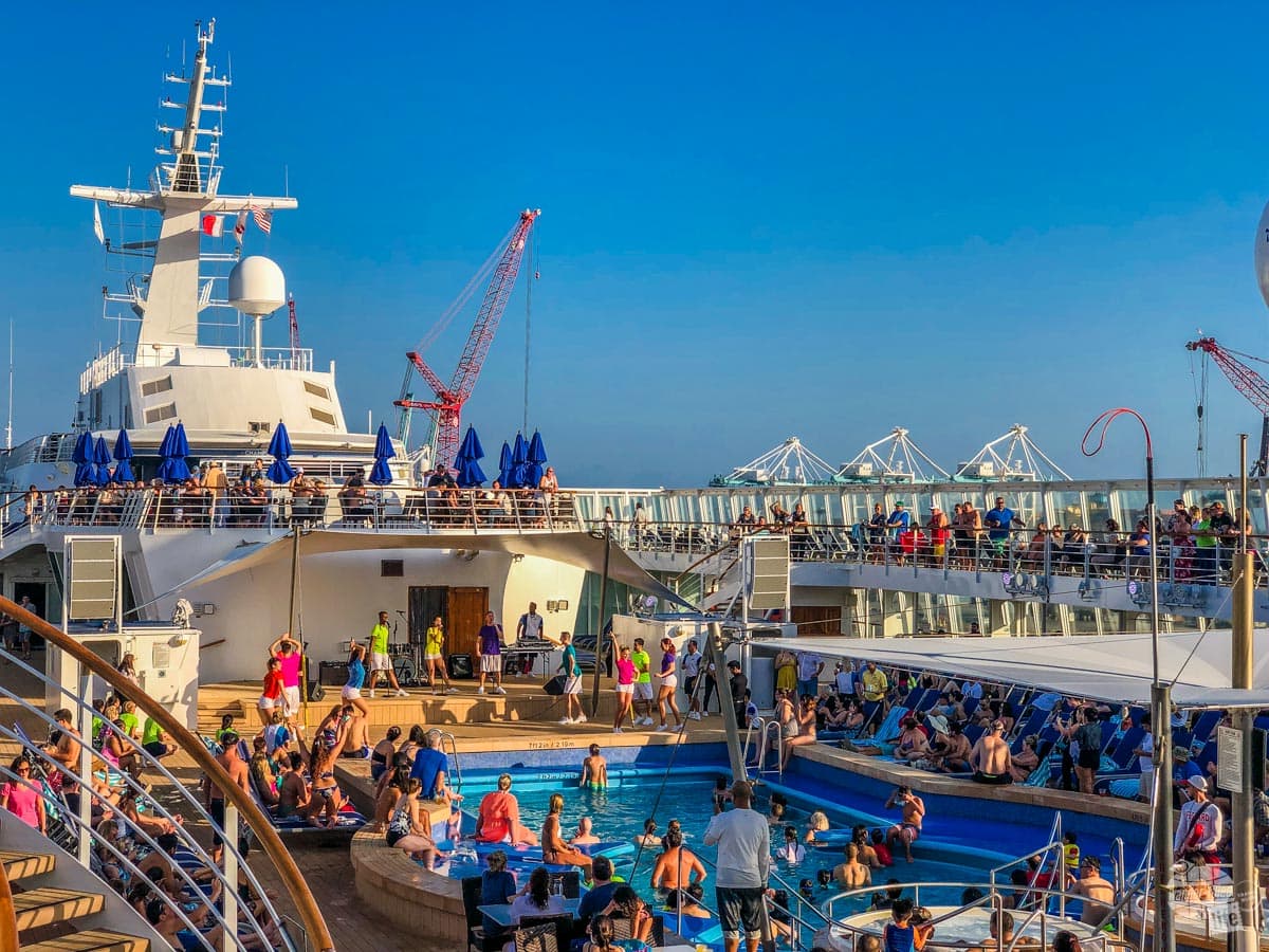 Party on the pool deck. The pool is often crowded on a cruise.