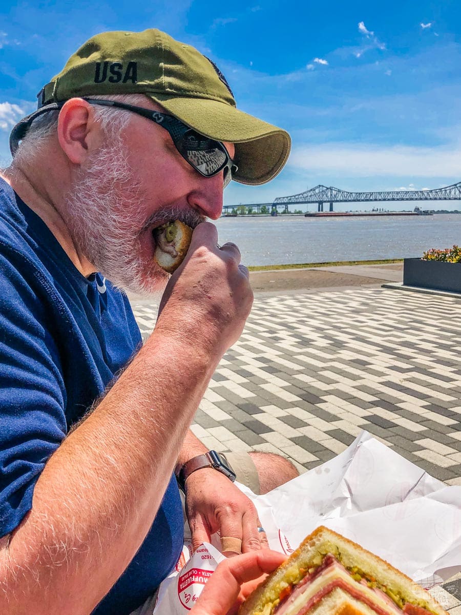 Grant enjoys a muffuletta sandwich from Central Grocery in New Orleans. 
