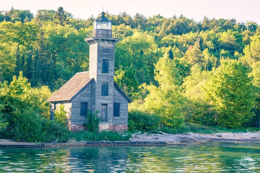 The East Channel Lighthouse sits on Grand Island to safely guide ships to the mainland.