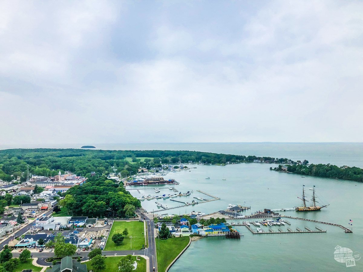  Put-In-Bay from atop the Perry's Victory memorial. The large, two-masted ship on the right is the USS Niagara.