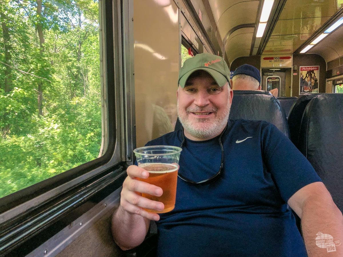 Grant enjoying a beer aboard the Cuyahoga Valley Scenic Train.