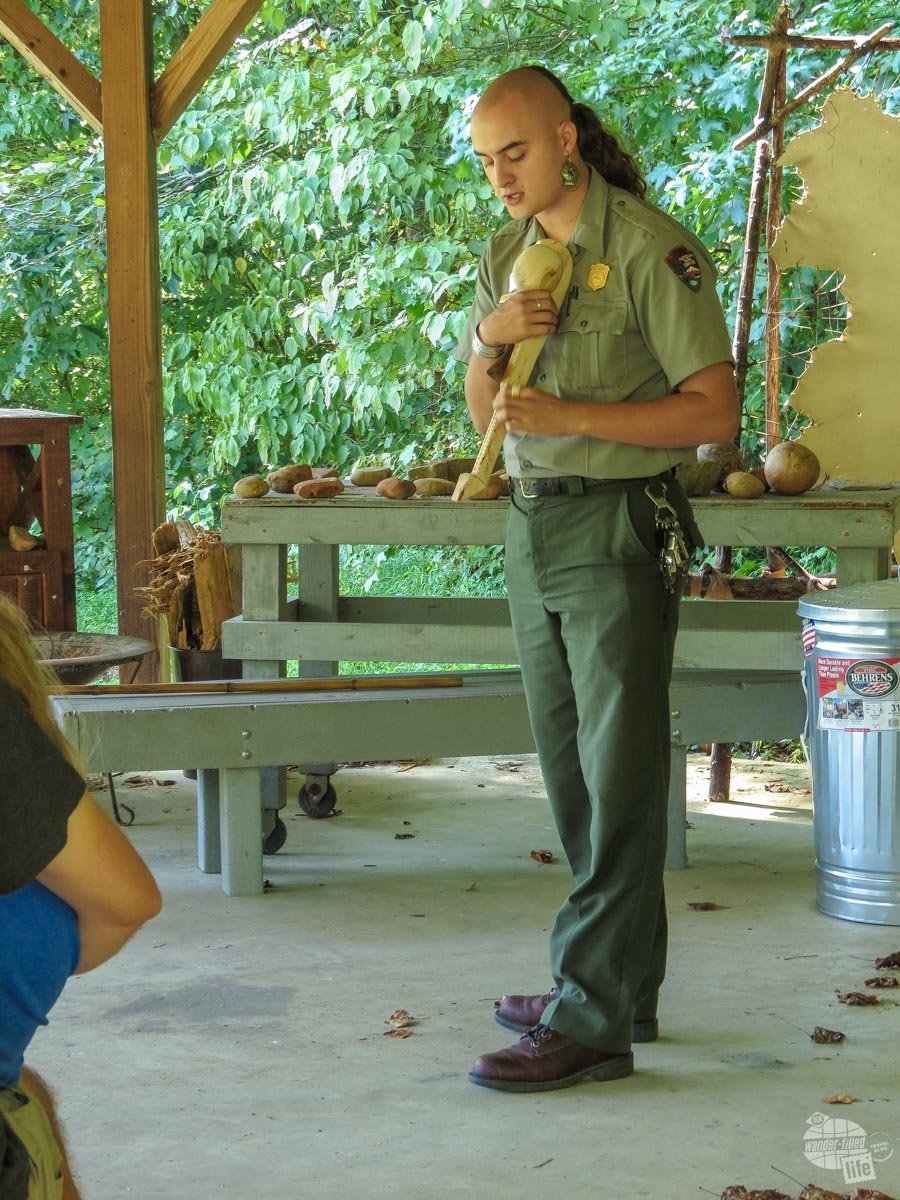This park ranger gave a weapons demonstration, including a wooden war club he created himself.