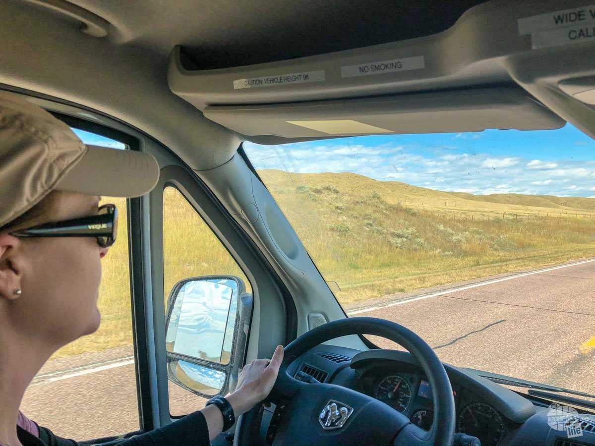 Bonnie driving the camper van across the plains of southeast Wyoming.