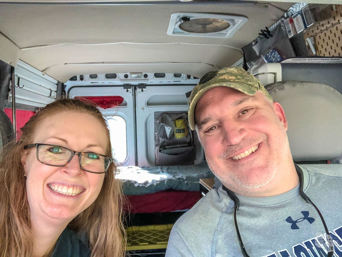 Bonnie and Grant take a selfie in our camper van rental.