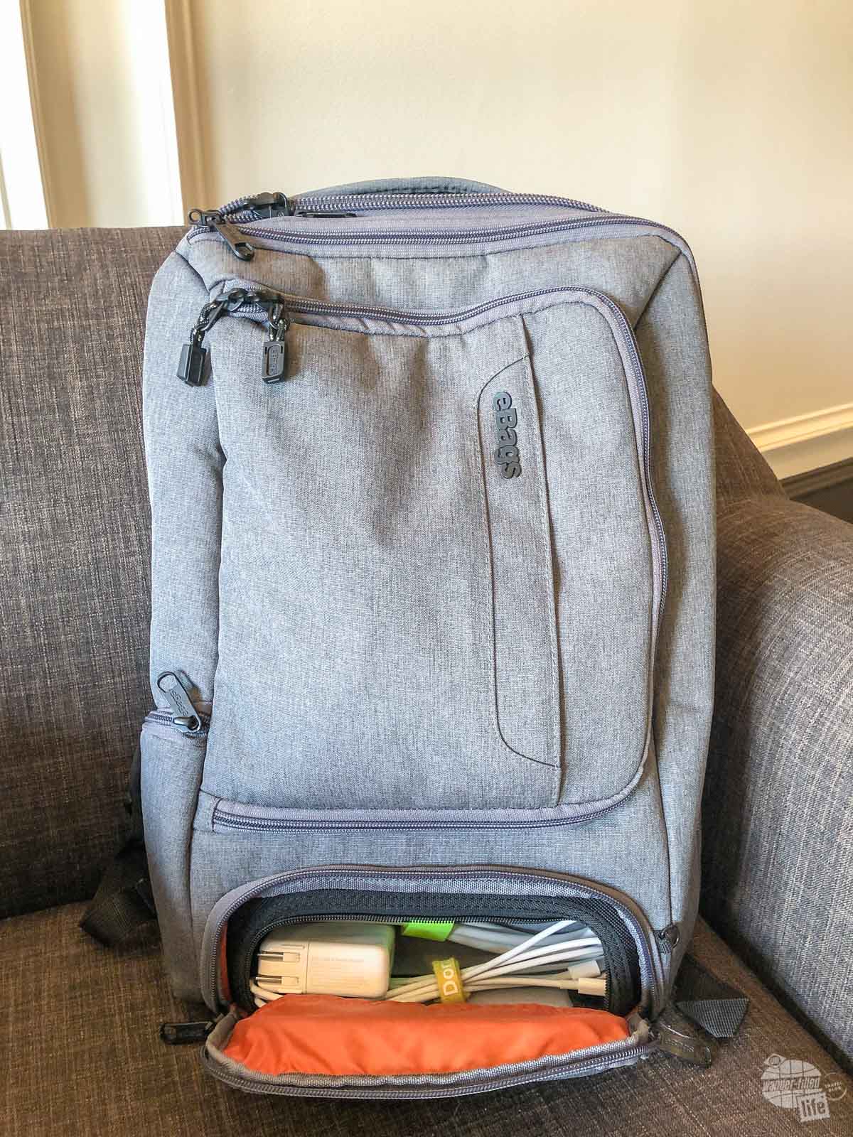 The bottom compartment on the eBags Profession Slim Laptop Backpack is perfect for chargers and accessories.