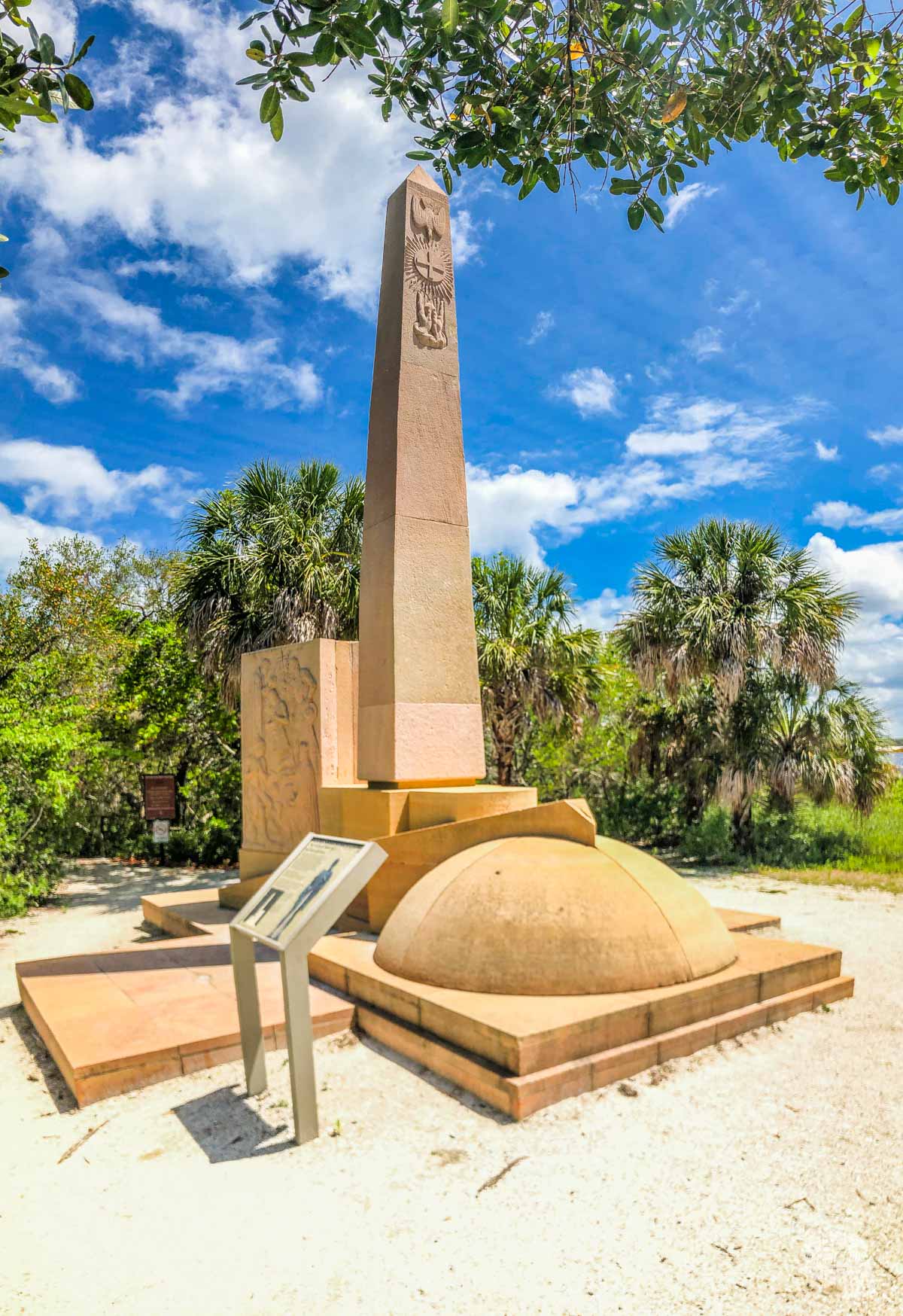 A picture of a monument in Desoto National Memorial using Panorama Mode to capture more of the view.