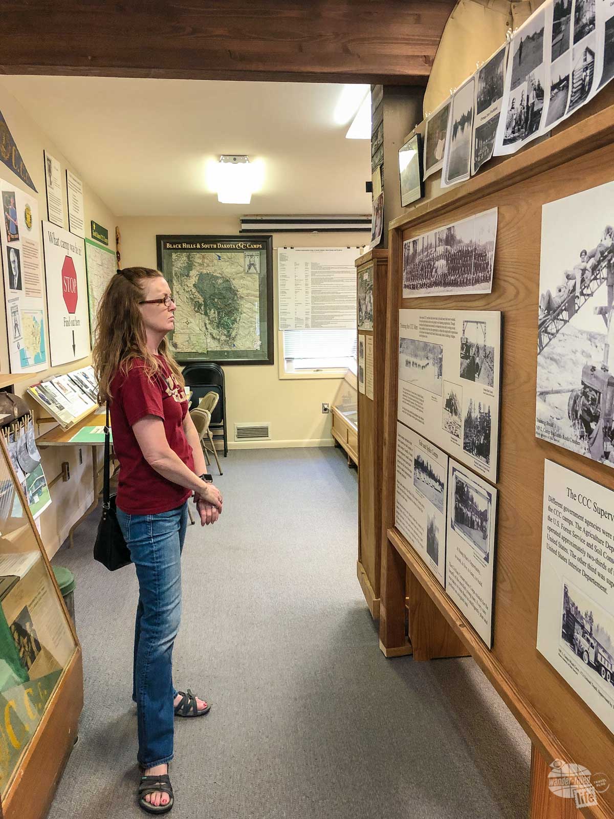 Bonnie checking out an exhibit at the CCC Museum in Hill City.