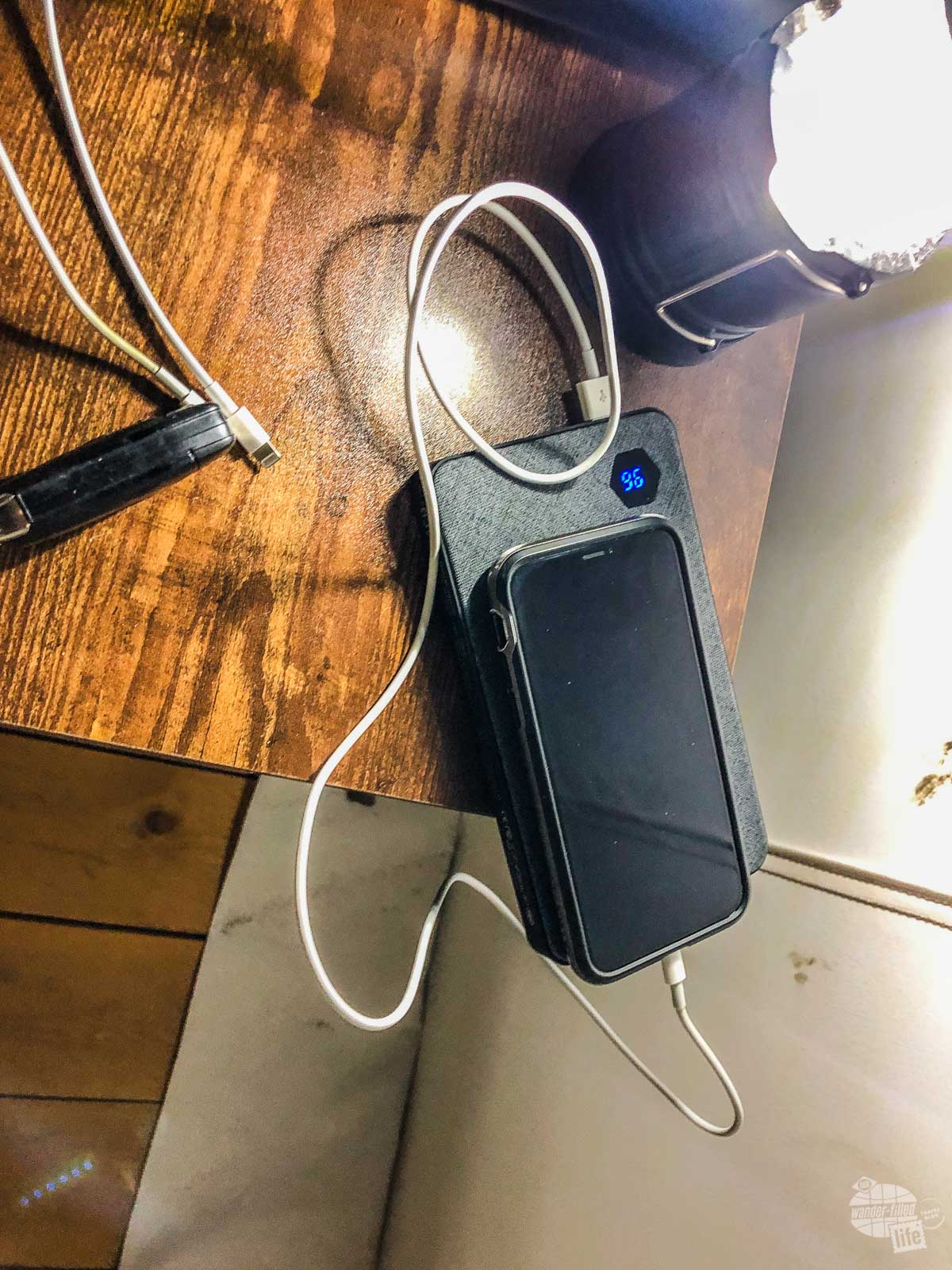 The Eggtronic Laptop Power Bank charging my iPhone. Note the percentage indicator at the top right that lets you know how much charge the device has on it.