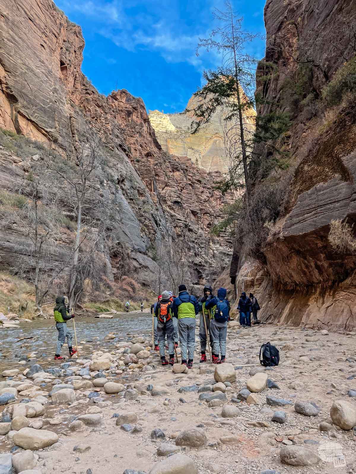 Hiking The Narrows at Zion National Park in the winter.
