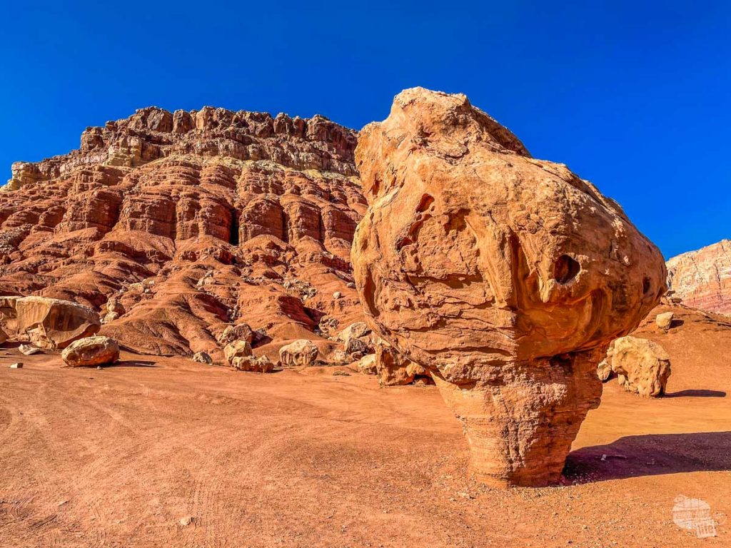 A large, oddly shaped rock at the base of Vermillion Cliffs.