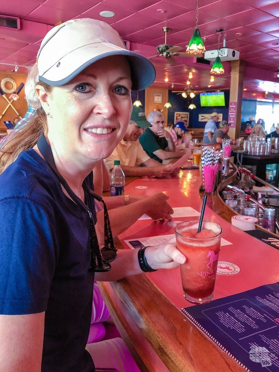 Bonnie enjoys the signature cocktail at the Pink Pony on Mackinac Island